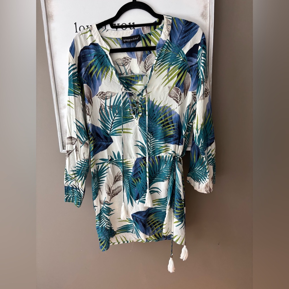 Palm Print Lace-Up Coverup in Shades of Blue on White. Drawstring waist w Tassel